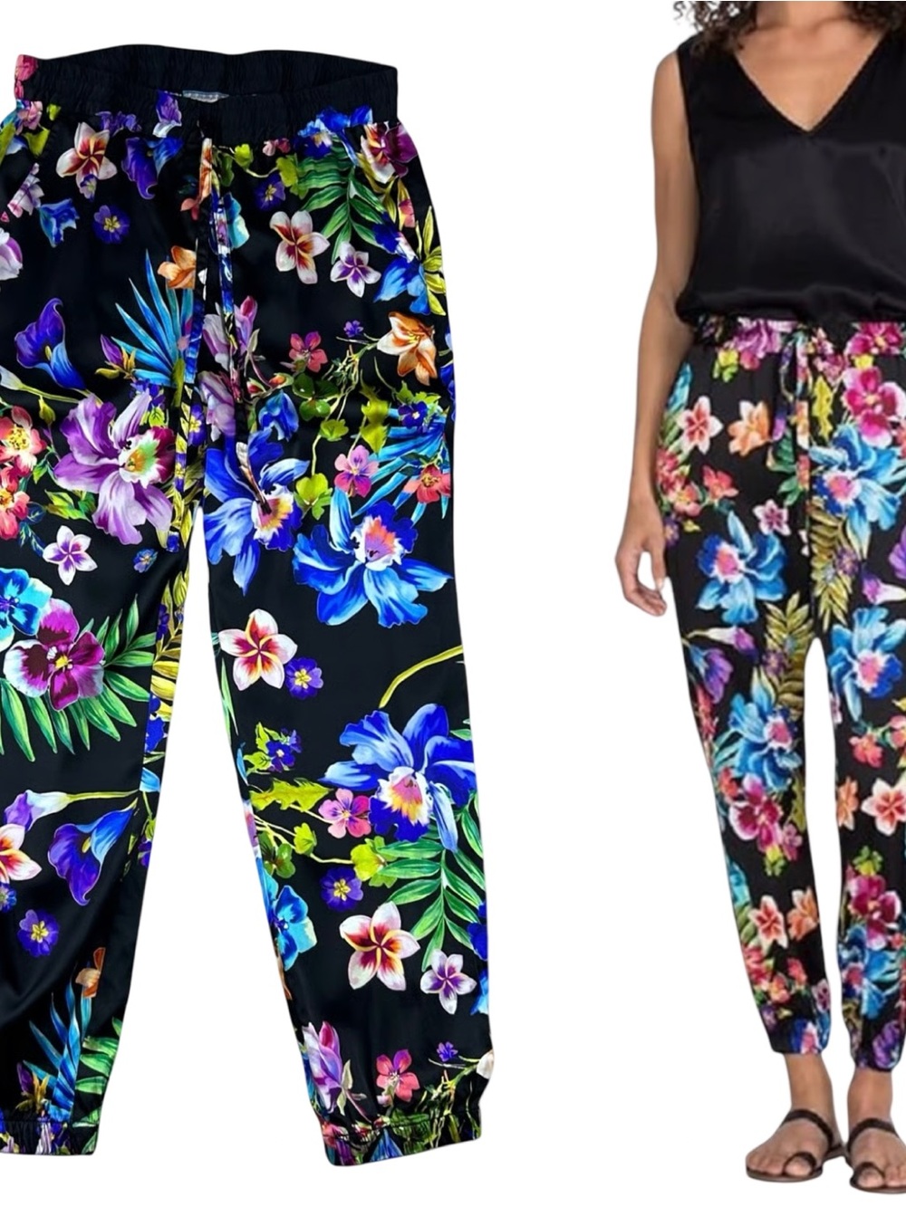Johnny Was Women’s Size L Black Aruba Genvieve Tropical Floral Silk Pants